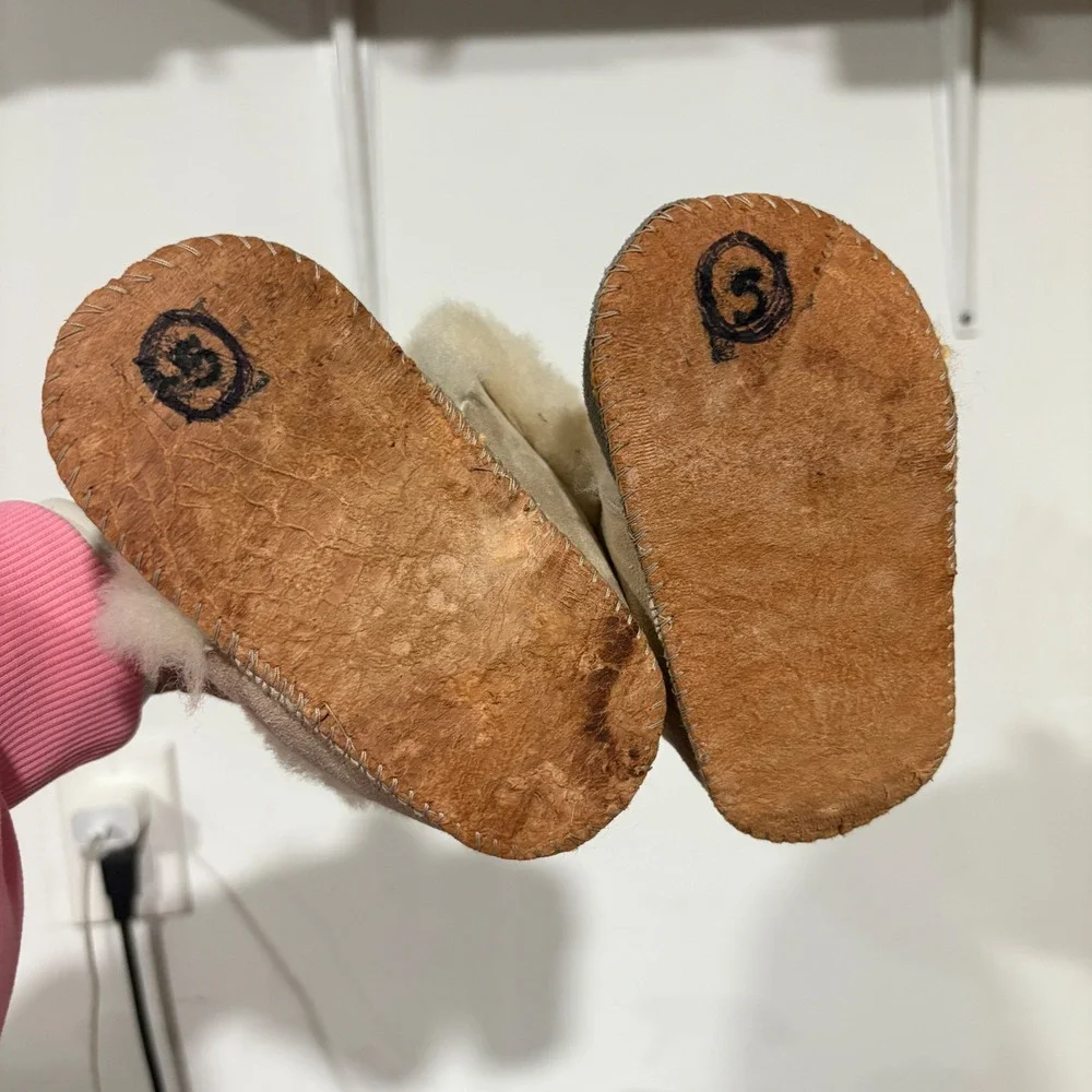 Handmade Infant Suede Sheepskin Shearling Moccasin Booties Grey Tan Toddler 5